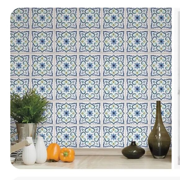 RoomMatesSpanish Tile White & Blue Stick- 4 Sheets, New - Picture 2 of 4